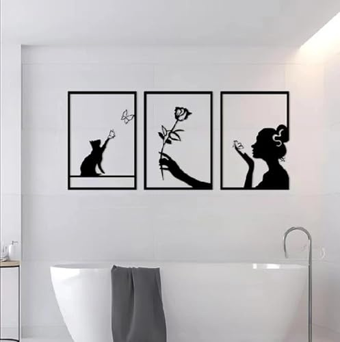 USTEL Metall Wanddekoration 3er Set | Schwarz Minimalismus | Frau und Katze | 40x28cm | Wohnzimmer/Schlafzimmer/Büro | Korrosionsschutzbeschichtung | Modernes Hausdekor, Geschenk.
