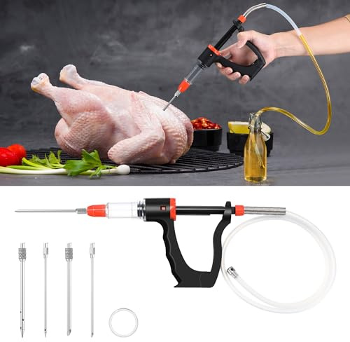 Dreyoo Marinade Injector Syringe for Smoking, Meat Injector Syringe with 3 Flow Settings, 4 Precision Needles & 33.46in Hose Ideal Meat Syringe Pump for BBQ, Smoking, Turkey and Holiday Feasts