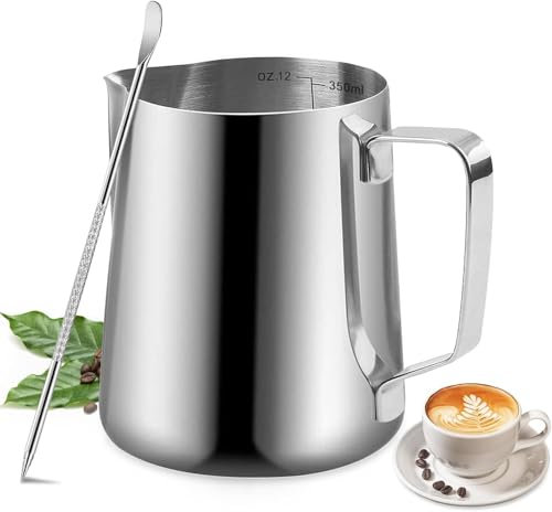 350ml Milchkännchen Edelstahl Handheld Aufschäumkännchen, Art Barista Dampfkannen Milchkanne Tasse mit Dekorieren Stift，Milchaufschäumer Perfekt für Milchkanne Barista Cappuccino Espresso