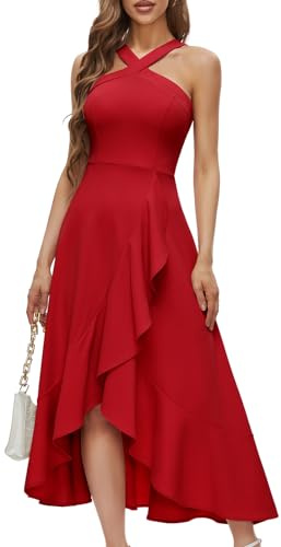 Bbonlinedress Aftonklänning, elegant festklänning för bröllop, halterneck, cocktailklänning med maxilängd, röd, M