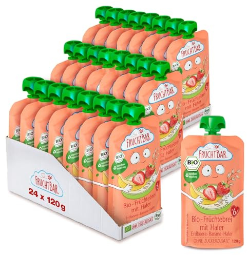 FruchtBar-Bio Quetschie, Vorratspack, Fruchtpüree für Babys ab 6 Monaten & Kinder (24 Stück, Bio Früchtebrei Erdbeere-Banane-Hafer)