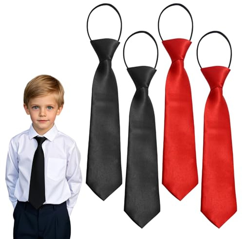 SAIIURV 4 Pezzi Cravatta da Bambino, Cravatta Pre-legata, Cravattas da Bambino Ragazzo Effetto Seta lucida con Elastico, Cravattes in Raso per Ragazze Ragazzi per Uniforme Nozze Festa (Nero, Rosso)