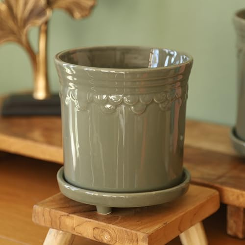 Fyne-Finds Ceramic Sage Green Plant Pot Raised Saucer Scalloped Edge Glazed Garden Planter Outdoor Home WeatherProof DrainageHoles (Medium)