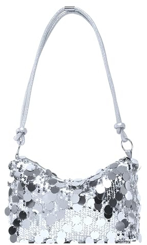 Uoocg Pochette argentée à paillettes - Sac à bandoulière - Sac de soirée pour femme - Grande capacité - Avec fermeture éclair - Pour bal, mariage, fête, banquet, argenté, Mittelgroße