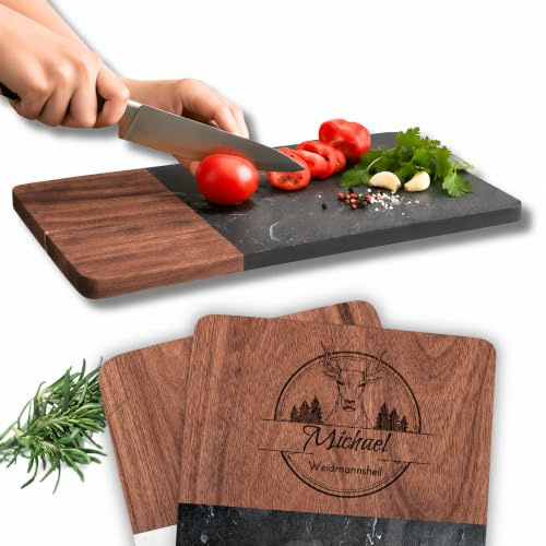 C|UTE – Schneidebrett personalisiert mit Gravur aus Akazienholz & Marmor | Hirschgeweih | Servierbrett, Grillteller & Grillbrett | Geschenk für Jäger, Papa, Mama, Grillmeister (Jagd Design)