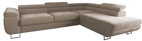 4ALL HOME Ecksofa Luna mit Schlaffunktion und Bettkasten – 275x202 cm – verstellbare Kopfstützen – Liegefläche 193x125 cm – Couch – Schlafsofa – L-Sofa mit Stauraum (Monolith 04 Beige, Seite: Rechts)