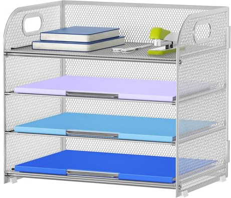 Marbrasse Schreibtisch ablagen Organizer,4-stufige Brief Papier Ablage mit Griff, Metall Gitter Design für Schreibtisch,Büro,Hause,Aufbewahrung für A4 Dateien und Dokumenten (Silber)