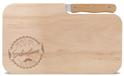 GRAVURZEILE - Planche à découper en bois gravée - Logo Bester Papa - Personnalisable avec nom - Planche à découper en bois d'aulne avec couteau - Cadeau pour la fête des pères - 26 x 15,5 x 1,2 cm