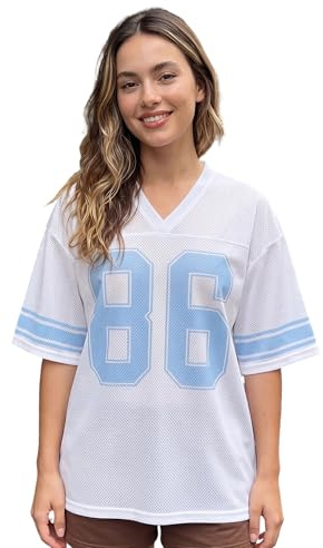 LYSINK Women Oversized Jersey Shirts Y2k Number Graphic T-Shirt Summer Short Sleeve V Neck Loose Streetwear Top (C-a-White, S)