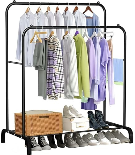 SEVERNO ROCKY II Kleiderständer mit Doppelstange – 147x110x55 cm – Schwarz Matt – Metall Garderobenständer mit Ablage – 30 kg Belastbarkeit – für Flur, Schlafzimmer & Büro