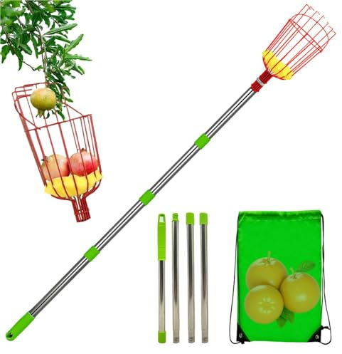 Fruktuppsamlingsstång - teleskopiskt fruktträdgårdsverktyg, korg i rostfritt stål, lätt uppsamlare | Justerbar fruktsamlare för aprikos, citron, grapefrukt, orange,