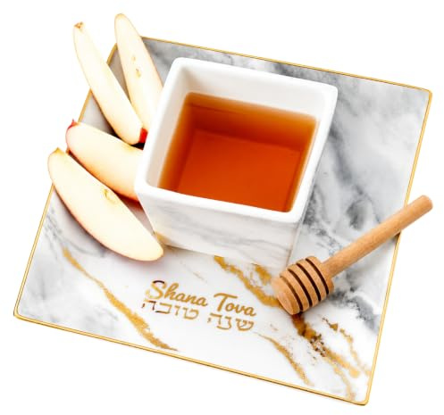 Rite Lite Rosh Hashanah Square Porcelain Apple & Honey Dish Set Jewish New Year Hostess Party Favors Serving Kitchen Accessories Shana Tova Decor Table Decorations Includes Wooden Honey Dipper!