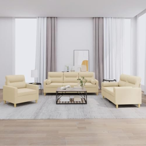 CKioict 3-TLG. Sofagarnitur mit Kissen Creme Stoff, 3-teiliges Sofa Set mit bequemen Sitzkissen und Zylinderkissen, strapazierfähiger Bezugsstoff, Robustes Gestell aus Sperrholz