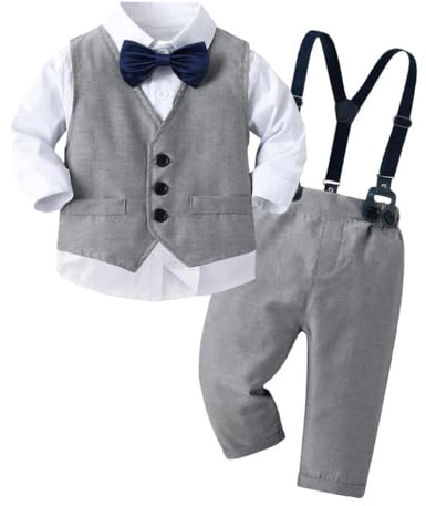 Lito Angels Boys 4-Piece Waistcoat Suit, Grey, Age 6 Months to 5 Years | Cotton Fabric, Shirt, Waistcoat, Trousers, Bow Tie, 4-Piece Wedding Outfit Wear