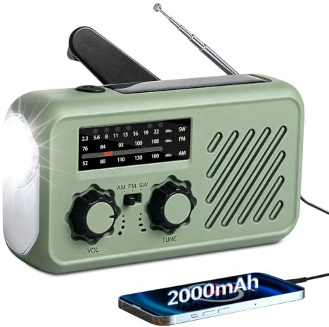 VHV Radio Portatil Pequeña, Radio Portatil, FM/Am Emergency Radio con Solar Recargable y Dinamo con Manivela con Linterna LED 2000mAh Powerbank SOS Alarma USB para Camping al Aire Libre (1 Verde)