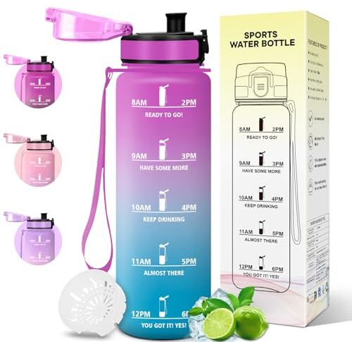 Motswedi Trinkflasche 1l, Sport Trinkflasche, Auslaufsicher, Wasserflasche, Kohlensäure Geeignet, Sportflasche für Yoga, Schule, Fahrrad, Outdoors, Rose & Cyan