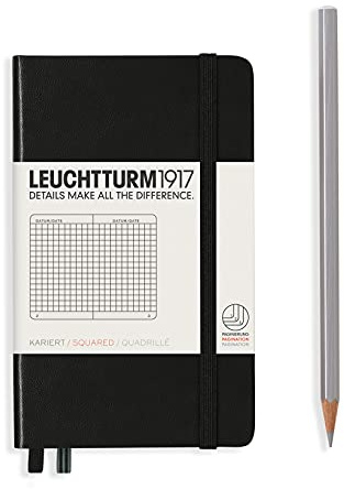 LEUCHTTURM1917 318898 Notizbuch Pocket (A6), Hardcover, kariert, schwarz | 187 nummerierte Seiten, Fadenheftung, 80 g/m², 2 Lesezeichen, Falttasche