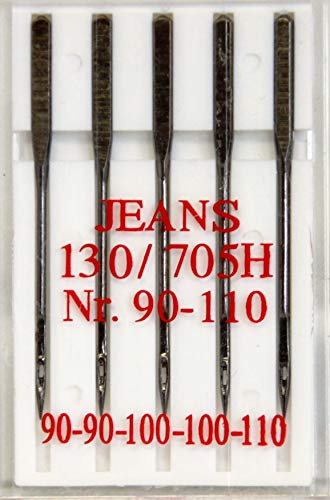 Telliswelt Nähmaschinennadeln Jeans 130/705 Flachkolben, 5 Stück | Nähmaschinennadeln Jeans: robuste Spitze für Jeans, Denim, Segeltuch. Passt für die meisten Haushaltsnähmaschinen (130/705).