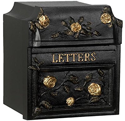 Cast Aluminium Finsbury Built In Wall Post Box with Rear Locking Door (Black with Gold Roses and Text)