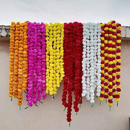 Buycrafty Künstliche Ringelblumen-Girlande, 152 cm lang, für Partys, Feiern, indische Hochzeiten, indische Anlässe, Dekorationen, Haus Weihnachten, 5 Stück