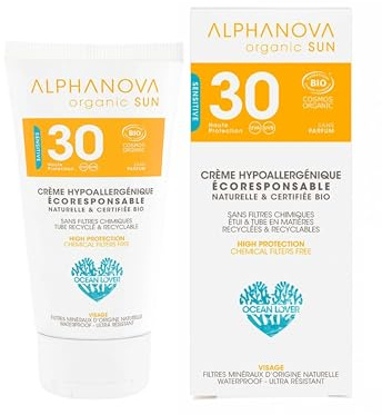 ALPHANOVA Crème solaire Visage Haute Tolérance SPF30 - Hypoallergénique - Naturelle et BIO - Filtre mineral - sans parfum - 50g
