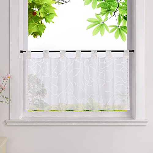 HeichkelL Ausbrenner Scheibengardine mit Zweigemuster, HxB 60x140cm Weiß | Kurzstores Transparent, Schlaufen Küche Gardine