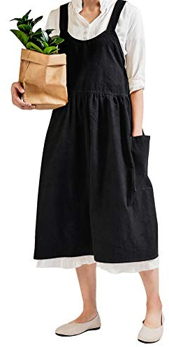 Nanxson Damen Küchenschürze Bauwolle Leinen Schürze Einfarbig Latzschürze | Schürze mit gekreuztem Rücken und Taschen, Latzkleid, Halter Schürze für Küche, Backen, Gartenarbeit und Malen