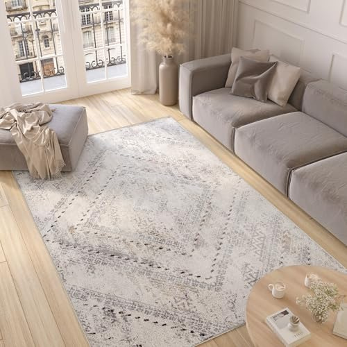 TAPISO Valley Teppich Kurzflor Grau Creme Vintage Ethno Diamant Used Effekt Modern Wohnzimmer Schlafzimmer ÖKO-TEX 200 x 300 cm