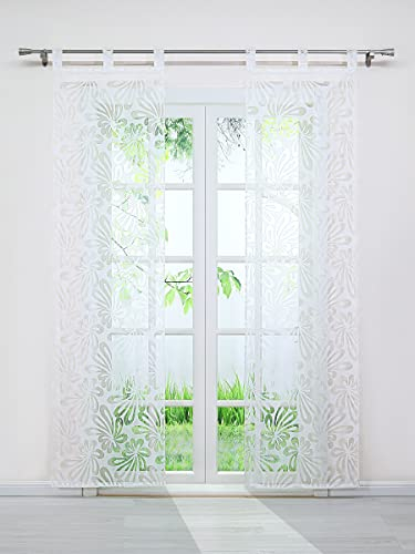 Delien 2er Set Schiebevorhänge mit Schlaufen Voile Schiebegardinen »Blütenblättern« Vorhang Ausbrenner Gardinen mit Blumenmuster Flächenvorhänge Wohnzimmer Fensterschals BxH 57x145cm,Weiß