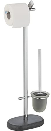 WENKO Stand WC-Garnitur Puro, Halter für Toilettenpapier und WC-Bürstenhalter auf Schwerer Bodenplatte aus Polyresin in Granit-Optik, WC-Bürste mit Flexibler Abdeckung, 29 x 72 x 15,5 cm, Anthrazit
