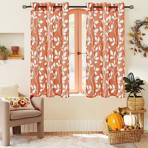 XTMYI Tende corte per finestra del bagno, cucina, decorazione con foglie bianche, per camera da letto, sala da pranzo, finestre, 121 cm, set di 2 pannelli, colore: arancione bruciato