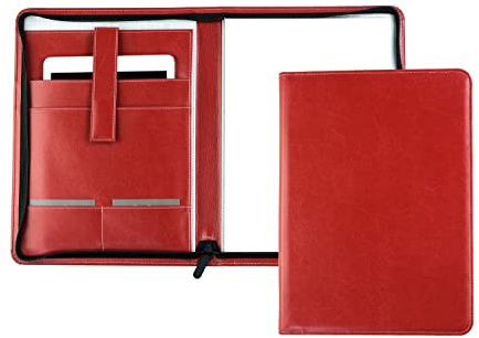 DELMON VARONE - Tablet Schreibmappe mit Reißverschluss inkl. Notizblock DIN A4 aus veganem Eco Kunstleder Rot - Organizer Konferenzmappe mit Stifthalter & Einsteckfach - Organisationsmappe