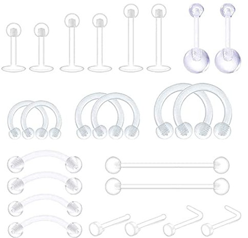 Lieson 24 Stück Nasenring Acryl 20G 16G 14G Nasenpiercing Nasenstecker C L Form Gerade Stab Piercing Septum Knorpel Tragus Helix Ohrringe Transparent