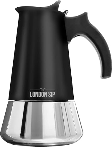 The London Sip Moka Pot, Stovetop Coffee Maker, Italian Style Espresso Maker, Stainless Steel, Induction Compatible, Modern Chrome, Black, 10 Cup (500 ml)