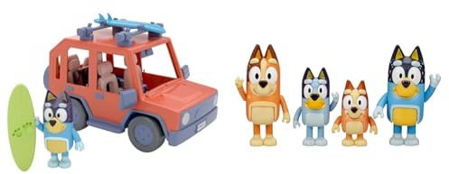 Bluey: Heeler-Familienwagen inklusive Bandit-Figur & and Family: Bingo, Bandit and Chilli 4 Figure Pack Articulated Character Action Figures 2.5 inches Official Collectable Toy