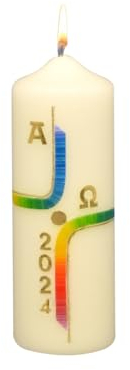 Osterkerze Kreuz Regenbogenfarben, A und O, Jahreszahl 140 x Ø 50 mm
