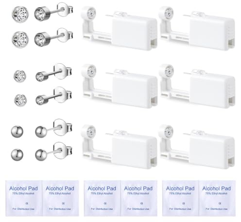 Voarge Set di 6 pistole per forare i lobi, kit di pistole per piercing monouso sterili di sicurezza per orecchio e naso, strumento per auto-piercing indolore con orecchini e kit per piercing asettico