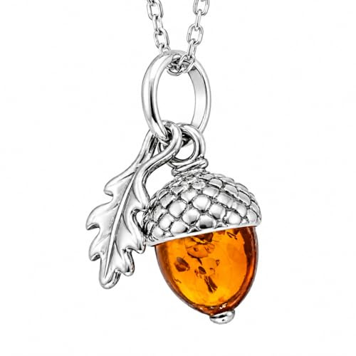 SilverAmber Jewellery UK Genuine Baltic Amber Acorn Pendant for Women, 925 Sterling Silver Necklace Charm, Natural Honey Amber Gemstone Pendant, Modern Minimalist Jewellery Gift, No Chain - GL2041C