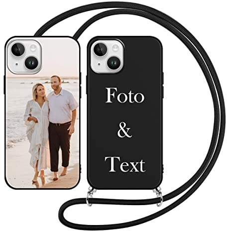 Yoedge Handykette Personalisierte Handyhülle für Apple iPhone 13 Mini Hülle mit Band Kordel 5,4,Selbst Gestalten mit Foto Bild Text Individuelle Schutzhülle Schwarz Cover für iPhone 13 Mini Case