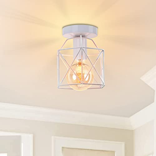 iDEGU Plafoniera LED E27 Vintage Lampada da Soffitto Design Industriale in Forma di Gabbia Esagono 15cm Paralume Matal Bianco Retro Lampadario da Soffitto per Camera da Letto, Cucina, Corridoio