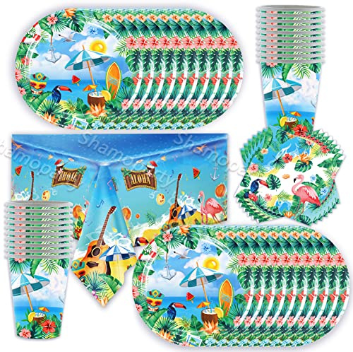 Shamoparty Partygeschirr Set 61Stk, Papier Servietten Becher TellerTisch dekoration,Hawaiian Party,Sommer Cool Theme Party Besteck