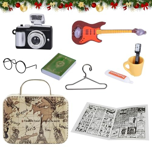 10 Stück Miniatur Puppenhaus Zubehör, Miniatur Vintage Deko Set 1:12 | Simulation Koffer Gitarre Kamera Modell Bücher Zahnbürste Zahnpasta Zahnbecher Brille Zeitung Aufhänger