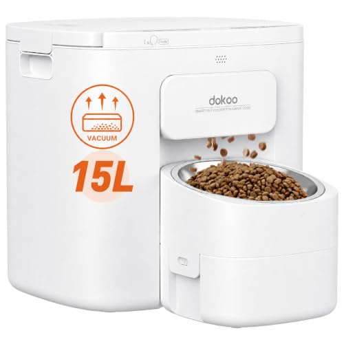Dokoo Automatic Dog Feeder for Large Breeds, 15L/63 Cups Vacuum-Sealed | Airtight Auto Pet Feeder for Dry Food, Timed Feeding, Anti-Clog Dispenser 2-22mm Kibble, Voice Recorder, Stainless Steel Bowl