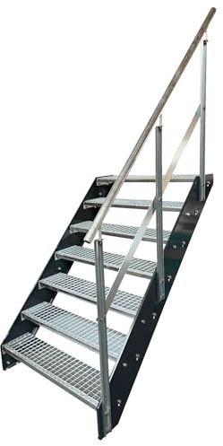 Kaminbau Mierzwa Premium Stahl Treppe mit verzinktem Geländer Rechts/Wangen Anthrazit RAL 7016/7 Stufen verzinkt (Breite 800 mm) (Höhe 133 cm) Wetterfest Gitterroststufe Gartentreppe