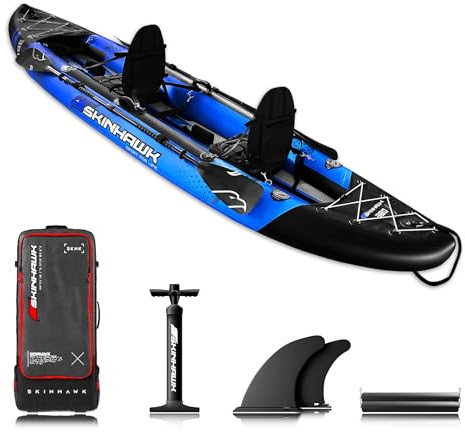 SKINHAWK Exclusiv Blau Kajak Set 380 – Schlauchboot – Kanu - 380 x 96 cm - 2 Personen Kajak