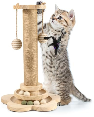 Newofview Kratzbaum für Katzen, 40cm Kratzpfosten Katzenkratzbaum Spielzeug mit Ball, Lagiger Drehteller, Federn, Sisalseil für Kratzbaum