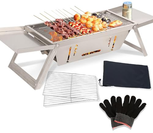 Aolawco BBQ Barbecue Grill Outdoor, Portable Folding Charcoal Barbecue, Stainless Steel Small Barbeque Grill for Camping Picnic Terrace Travel (17.13''x8.86''x1.57'')