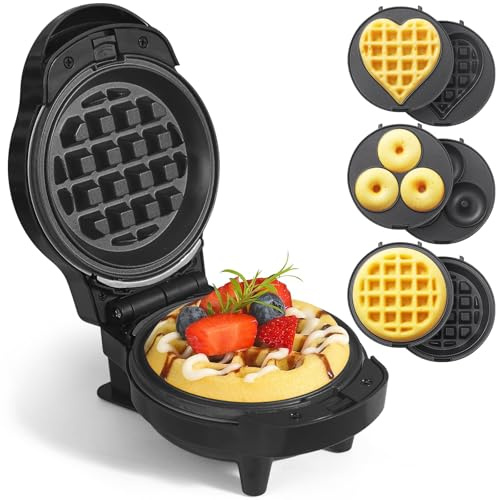 UVFAST Mini Waffles Maker with 6 Removable Plates, 3 in 1 Small Waffle Maker Mini- Waffle, Heart Waffle, Donut, 4.5 Non Stick Waffle Iron for Kids and Families, Black