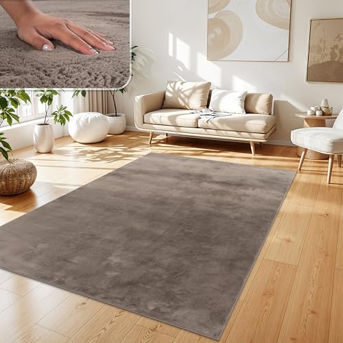 Paco Home Teppich Wohnzimmer Kunstfell weich waschbar modern elegant pflegeleicht Felloptik Uni Seidenglanz flauschig Hochflor, Grösse:240x340 cm, Farbe:Taupe