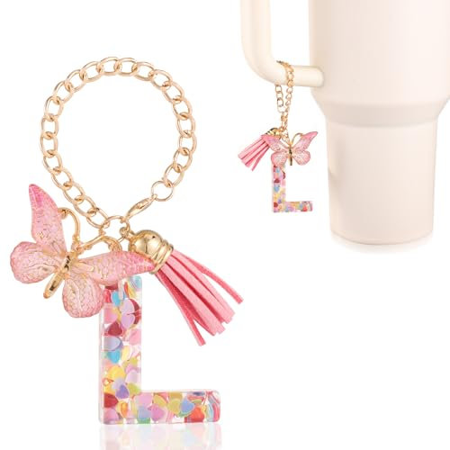 Buchstabenanhänger für Tassen, Süß Alphabet-Becherdekoration Bechergriffanhänger-Dekorketten mit Schmetterling für Stanley-Becher Geschenk für Frauen und Mädchen (L)